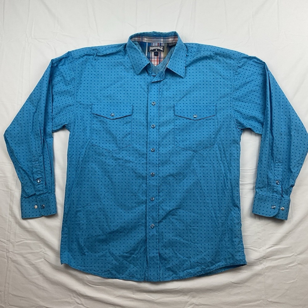 Panhandle Western Snap Shirt‎ Blue Pearl Snap Large Rodeo Cowboy Y2K Boho Grunge
